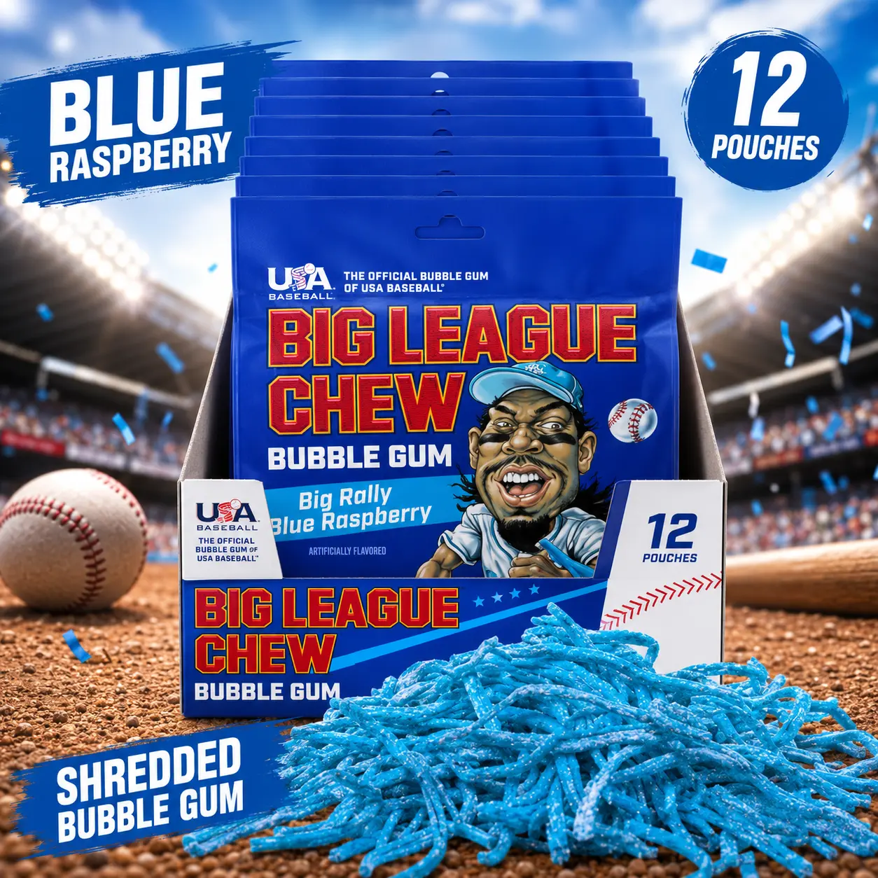 Big League Chew Big Rally Blue Raspberry Bubble Gum 2.12 oz 12 Count  Shredded Blue Raspberry Gum Pouches | Classic Dugout-Inspired Bubble Gum