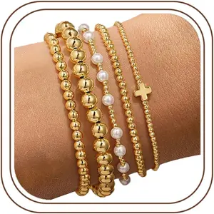 Gold Beaded Bracelets Set for Women Teen Girl Gifts Non Tarnish - 14K Gold Plated Dainty Round Beaded Pearl Cross Bracelet Stack for Women Teenage Girls Stackable Jewelry Gifts