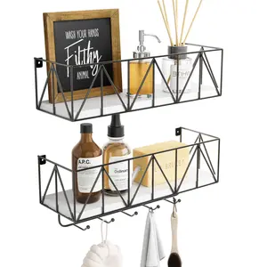 Basket Floating Shelves with Hooks, Bathroom Wall Shelves Over Toilet Set of 2, Black & White Small Floating Shelves Wall Mounted, Entryway with Key Hooks for Living Room, Bedroom, Kitchen Home Decor. rotatingshoerackorganizer