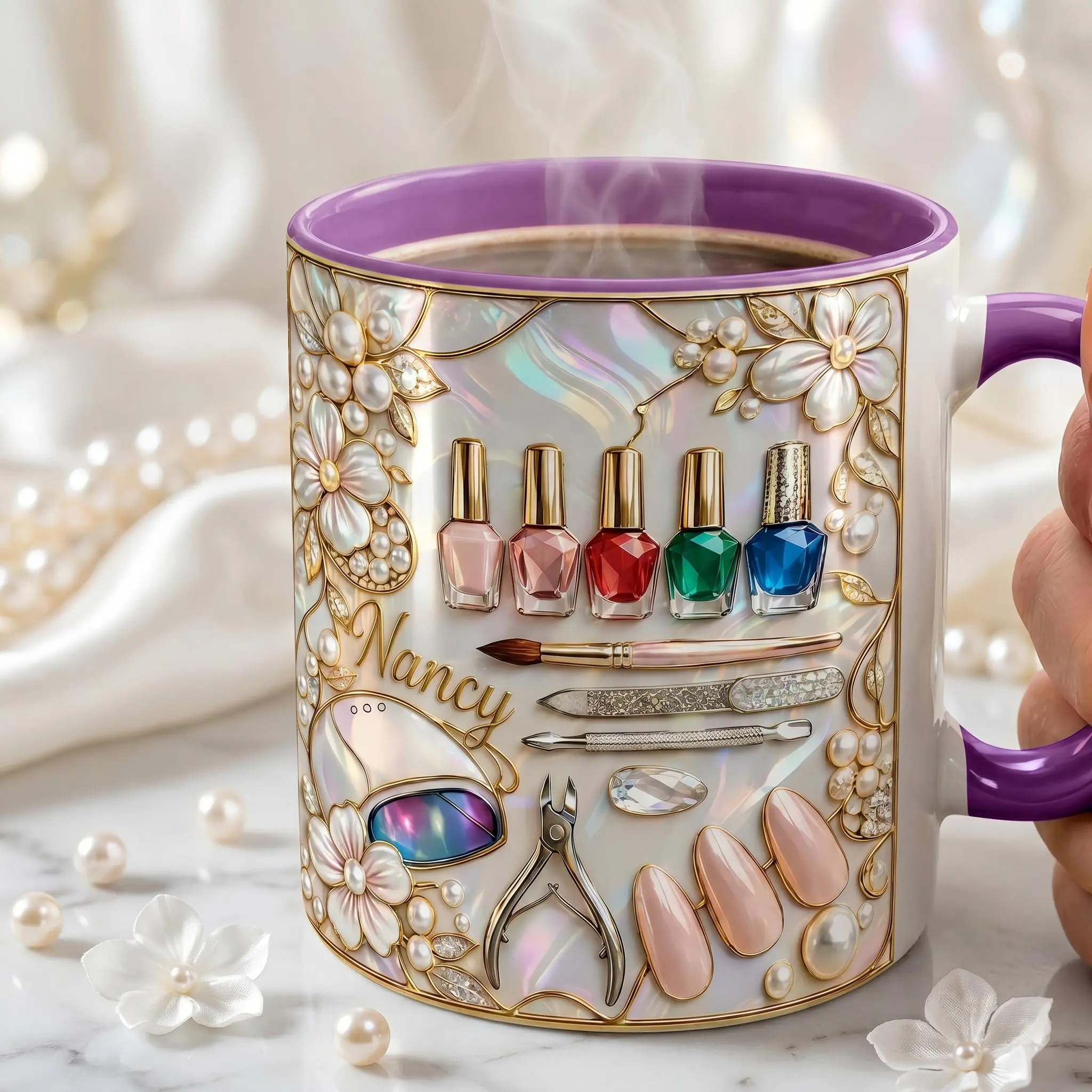Personalized Nail Tech Mug 2D Printed 3D Effect Coffee Cup, Custom Name Inflated Manicure Design Ceramic Mug for Nail Artist Beauty Salon Decor, Girly Gift Idea for Her Women Friends Birthday Appreciation Present