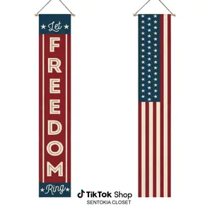 Door Banner, Let Freedom Ring Patriotic Vertical Porch Sign, American Flag Door Hanging Banner, Red White Blue USA Front Door Decor, Outdoor Indoor 4th of July Memorial Day Home Decoration
