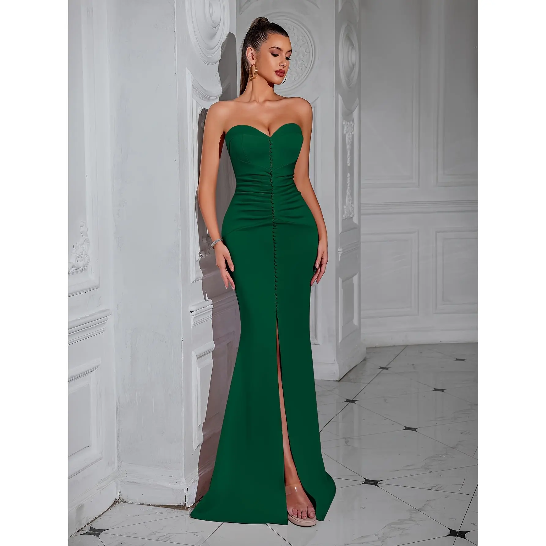 Elegant Bandeau Bodycon Bridesmaid Dress - Solid Color with Faux Button Detail,Backless Evening Gown for Adults, Elegant Bandeau Bodycon Bridesmaid Dress - Solid Color with Faux Button Detail,Backless Evening Gown for Adults,