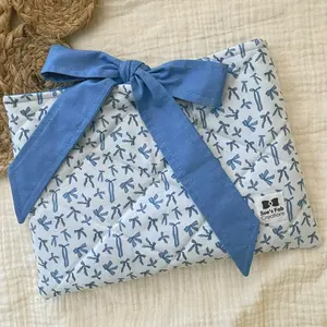 Blue Bow Padded Quilted Fabric Book Sleeve Travel Reading Pouch for Books and Magazines