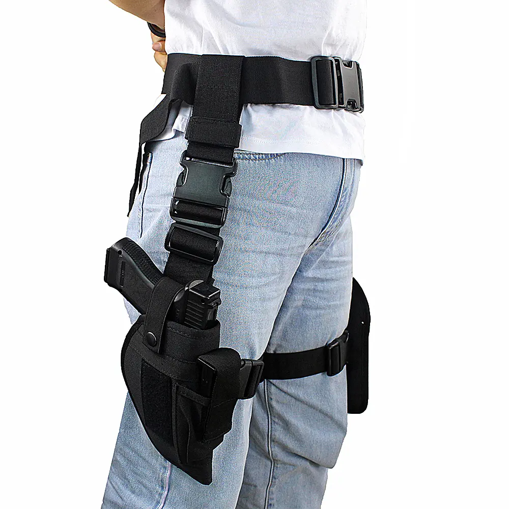 Black Universal Leg Holster Set, Right Handed Tactical Thigh Rig with Adjustable Belt and Triple Magazine Pouch for Airsoft Pistols