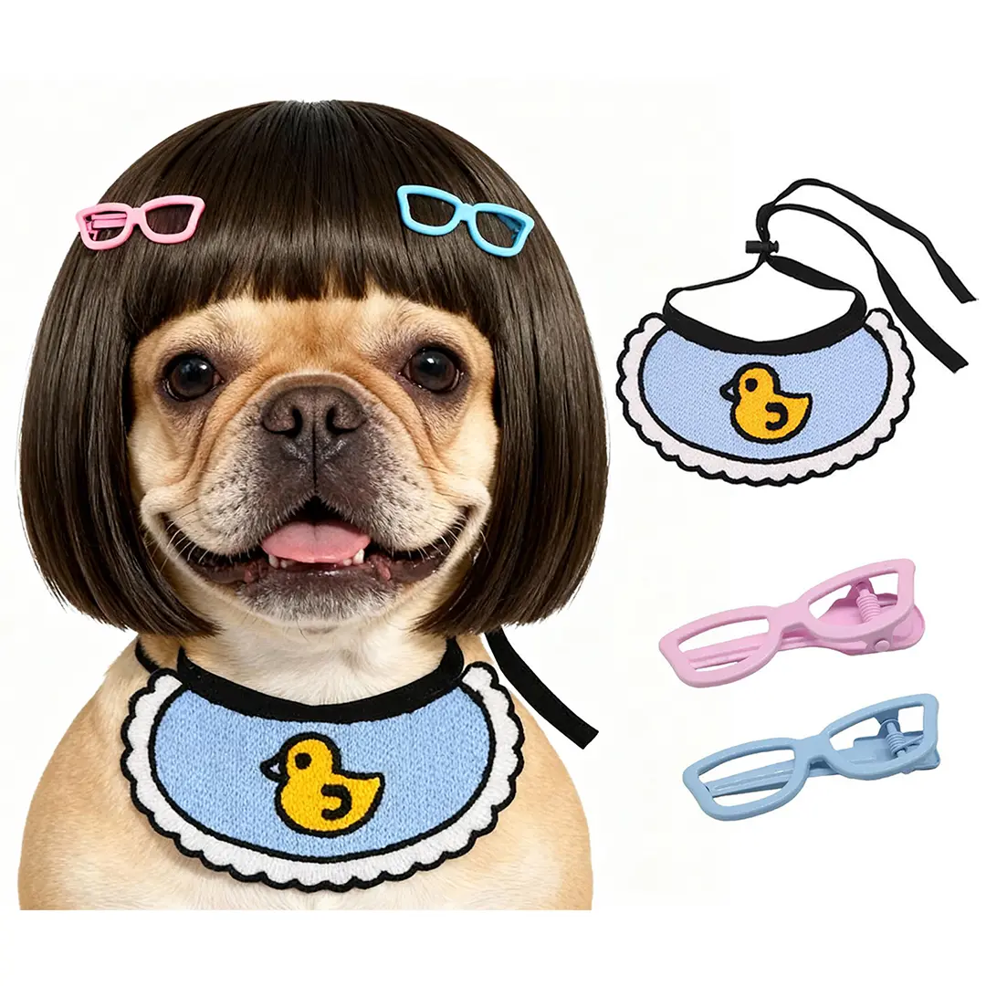Funny Dog Bangs Bob Wig - Adjustable Elastic Band & Trimmable, Built-in Knitted Bandana & Bow Clip, Dog Cosplay Costume for Small Medium Large Dogs,Halloween Christmas Parties Festivals (Black)