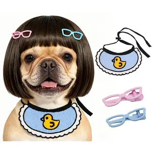 Funny Dog Bangs Bob Wig - Adjustable Elastic Band & Trimmable, Built-in Knitted Bandana & Bow Clip, Dog Cosplay Costume for Small Medium Large Dogs,Halloween Christmas Parties Festivals (Black)