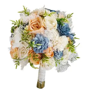Dusty Blue and Peach Sola Wood Bouquet with Slate Blue Flowers - Home Decorative Floral Arrangement for Home Supplies, Home Decor