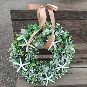 Beach Theme Door Decor, Starfish Accented Eucalyptus & Lambsquarters Coastal Wreath, Bow, Nautical Style, All Seasons, Starfish Ornaments, Home Decor Ornament