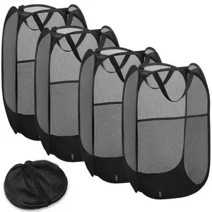 LMMAKE 4PCS Minimalist Collapsible Pop-Up Laundry Hamper - Black, Sturdy Handles, Side Pocket, Breathable Mesh, Space-Saving Portable for Dorms, Laundry Rooms, Collapsible Laundry Hamper