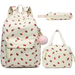 Kawaii Girls' School Backpack - Adorable Corduroy 3-in-1 School Bookbag with Lunch Box & Pencil Case for Age 8-10 Kids Durable