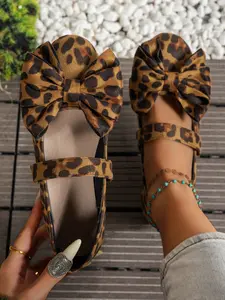 Women's Fashion Flat Shoes Leopard Print, Cute Bow Decor, Casual PU Leather, Round Toe, All Seasons, Home, Outdoor, Vacation, Party, Casual Trendy Flat