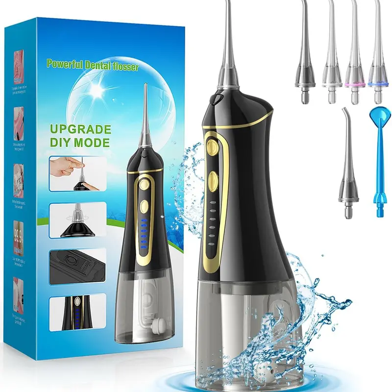 Cordless Water Dental Flosser for Adults, Portable Battery-Powered Oral Irrigator with 320ML Tank, Adjustable Pressure, 1400-1800 Pulses/min, IPX7 Waterproof, Ergonomic Handle, EU Plug for Teeth Cleaning & Gum Health