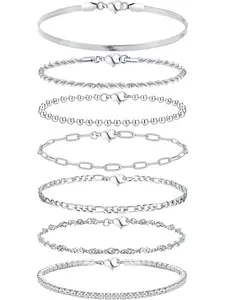 7Pcs Chain Bracelets for Women 14K Gold Plated Stacking Bracelets Twist Figaro Herringbone Chain Bracelets Adjustable CZ Link Charm Bracelets Set Silver Gold Bracelets for Women Girls Exquisite Bracelet