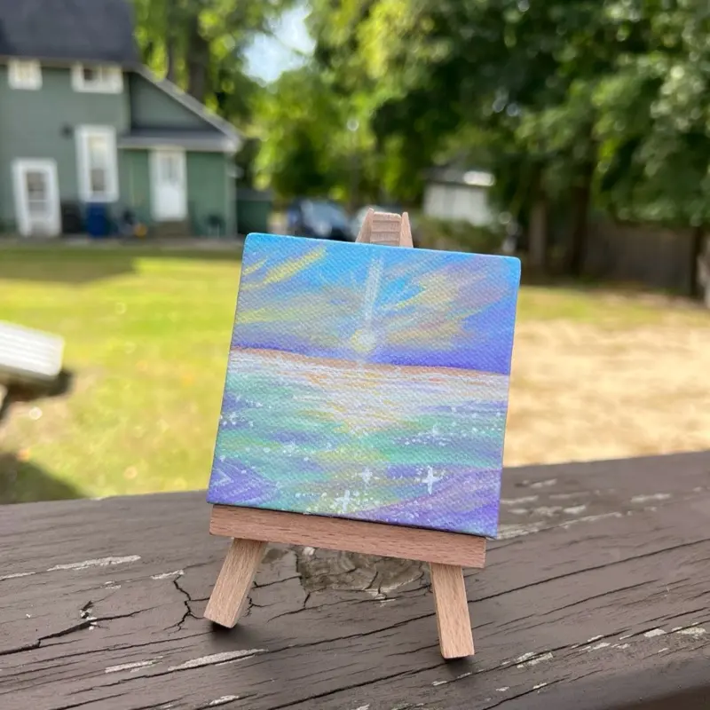 Dazzling Horizon Original Painting Mini Masterpiece 3x3in Unframed Acrylic on Canvas with Wood Easel Seascapes Artwork