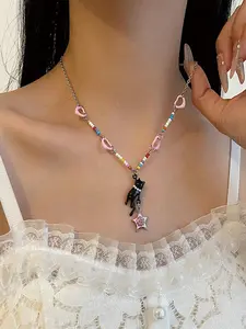 Cute Cat Design Pendant Necklace, Colorful Beaded Heart Shaped Necklace for Women & Girls, Fashion Jewelry for Party, Daily Decor, Trendy All-match & Exquisite Jewelry for Birthday Gift, Adjustable Charms Necklace