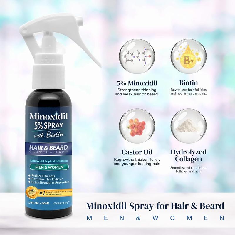 1 /2/3Bottles｜Osimoon 5% Minoxidil with Biotin Hair & Beard Growth Spray｜Extra Strength Hair Loss Treatment·Improve Thinning & Fragile Hair｜For Men & Women·Scalp - Safe·Hair Growth Essential