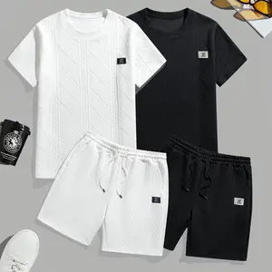 Men’s fashion casual athletic set, regular fit, textured design, drawstring waistband, sportswear suitable for everyday wear and exercise, men’s two-piece set
