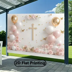 2D Flat, Baptism And First Holy Communion Party Backdrop - Pink And White Floral And Butterfly Design with Golden Cross, Polyester Fabric Banner for Weddings, Birthdays, Anniversaries