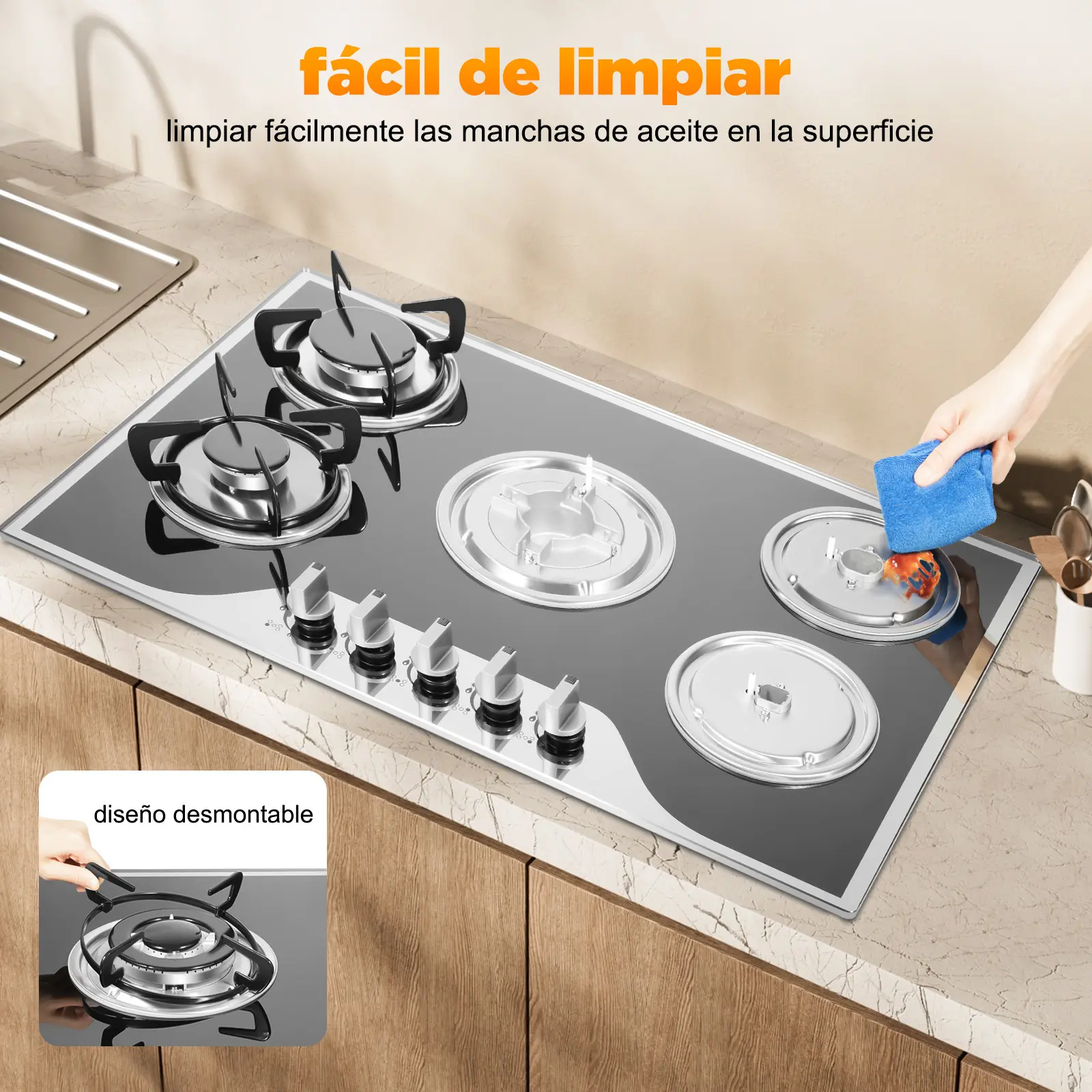 5-Burner Gas Stove Cooktop, 2025 Popular Kitchenware Model with 180° Fire Control, Electronic Pulse Ignition, 63% Thermal Efficiency, LPG/NG Compatible for Family Use