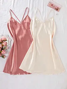 2pcs Women's Satin Sleepwear & Loungewear Set, Pure Color Cross-Band Strap Design, Soft & Comfortable Nightwear, Ideal for Relaxing at Home