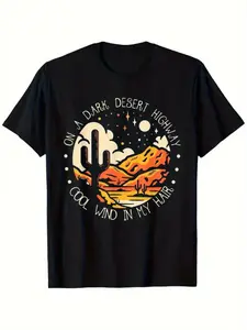 Men's Coachella Vibe Desert Cactus Graphic Tee Set, Casual Polyester Short Sleeve T-Shirt, Music Festival, Fitted Style