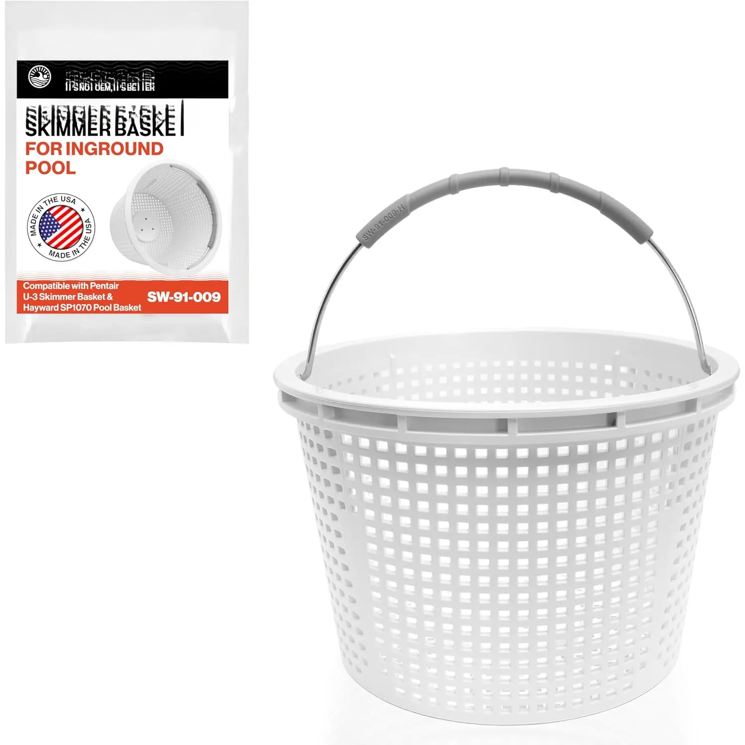 Pool Skimmer Basket for Inground Pool Compatible with Pentair U-3 Skimmer Basket and Hayward SP1070 Pool Basket | Built-in Brass Weight | 316 Stainless Steel Handle & Convenient Rubber Grip