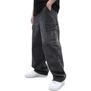 Mens Baggy Cargo Jeans Wide Leg Hip Hop Jeans Streetwear Loose Fit Denim Pants