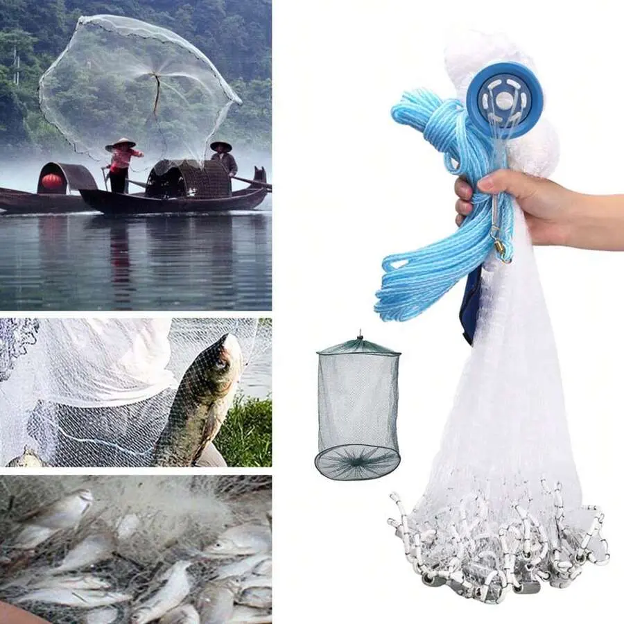 Casting Net, Throwing Fishing Cast Net with Zinc Weights for Bait Trap,  Mesh Throw Casting Net, Fishing Accessories 3FT/4FT/5FT/6FT/7FT/8FT/9FT/10FT  Radius 3/8 Inch Mesh Size, With Gift Shrimp Net - TikTok Shop
