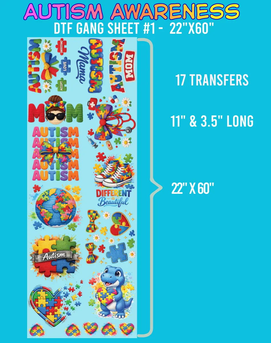 Autism Awareness DTF Gang Sheet - 22"x60"