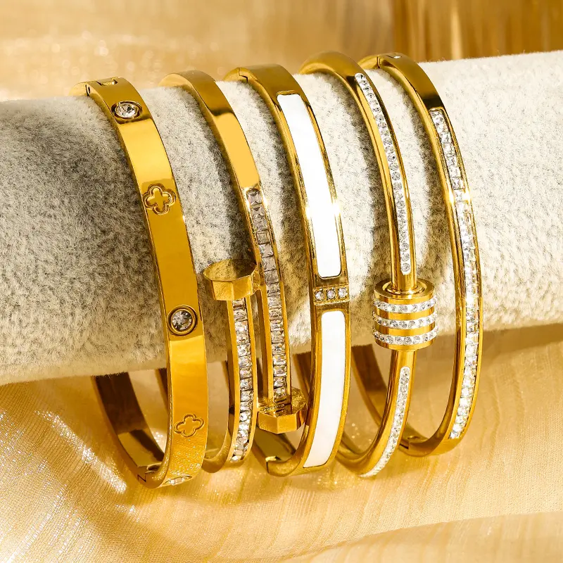 Women's 5pcs Luxury Stainless Steel Stacked Bangles Set - Fashionable Gold Cubic Zirconia Bracelets, Exquisite Trendy Bracelets, Non Tarnish Tarnish Proof Jewelry Gifts, Bracelets Bangles
