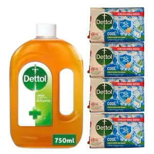 Dettol Antiseptic Liquid 750mL & 4 Cool Soap 100mL Each - Effective Antiseptic Solution for Home & Personal
