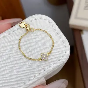S925 Sterling Silver Four-Leaf Clover Ring Fresh Floral Heart Pendant Chain Women's Ring Niche Adjustable Pull Chain