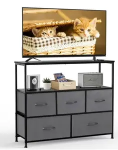TV Cabinet Stand, 5 Fabric Drawers & Adjustable Feet for Bedroom, Gray-1