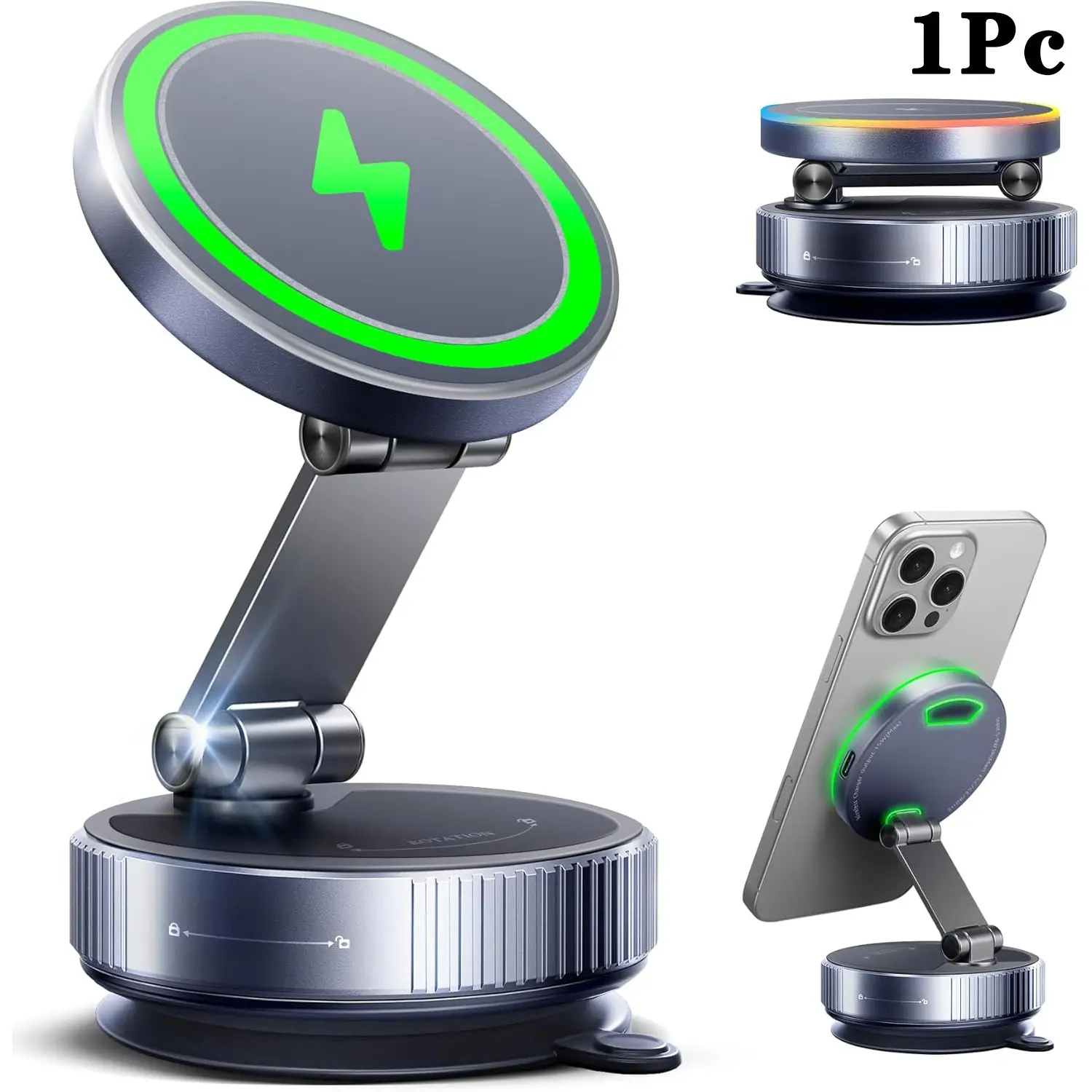 Magnetic Phone Car Charger, Compatible with MagSafe Car Mount, 15W Wireless Fast Charger with 360° Vacuum-Suction Holder, Fits iPhone 17 Pro Max and Samsung Smartphones