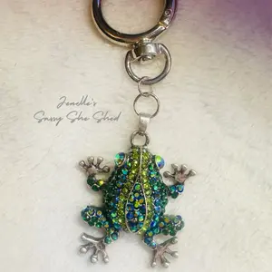 Aqua Shades Rhinestone Frog Keychain Fashion Accessory with Silver Tone Ring Clasp Sparkling Green Design
