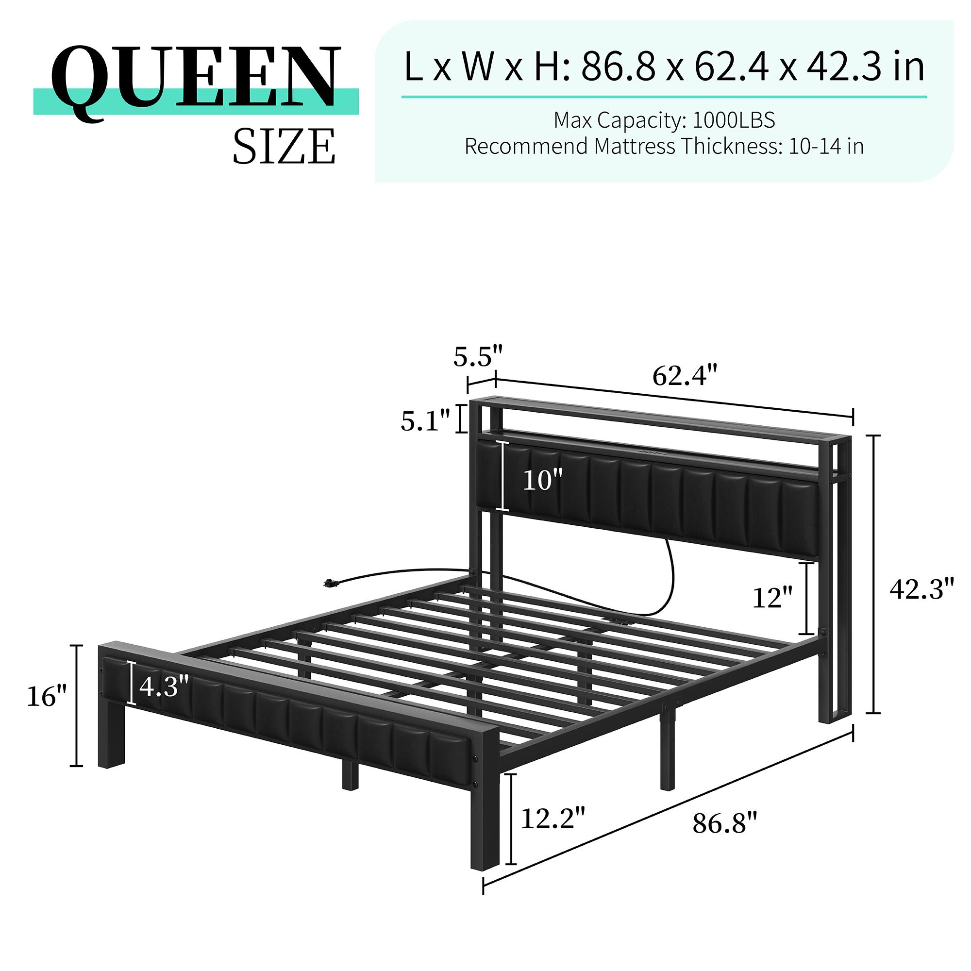 [Black Bed WITHOUT Foldable Ottoman] AMERLIFE TWO Different Bed Frames, Metal Bed with Foldable Ottoman, Velvet Upholstered Headboard/Metal Bed with PU Leather Headboard/ Both Including LED Lights, Charging Station,Storage Shelves