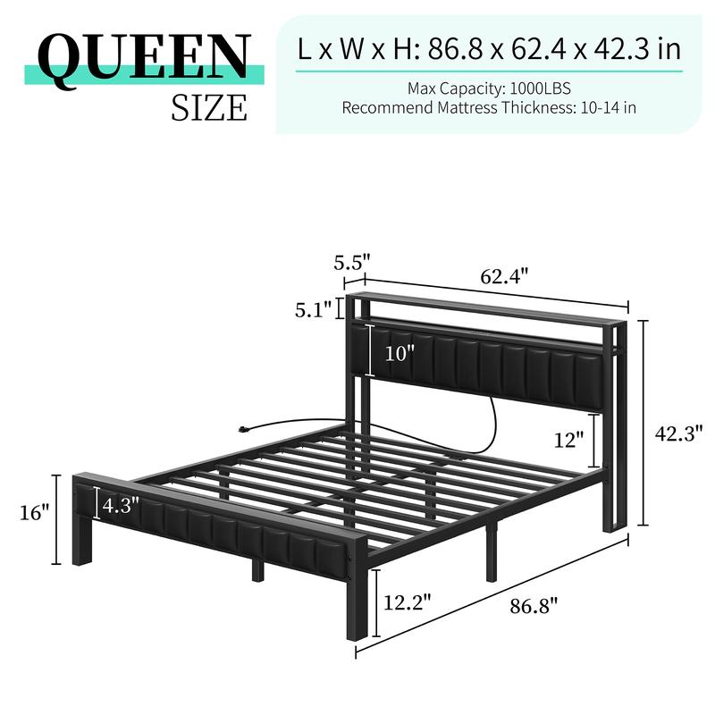 [Black Bed WITHOUT Foldable Ottoman] AMERLIFE TWO Different Bed Frames, Metal Bed with Foldable Ottoman, Velvet Upholstered Headboard/Metal Bed with PU Leather Headboard/ Both Including LED Lights, Charging Station,Storage Shelves/Christmas Gifts