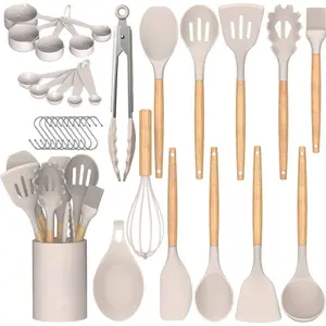 Kitchen Cooking Utensils Set, 33 pcs Non-Stick Silicone Cooking Kitchen Utensils Spatula Set with Holder, Wooden Handle Silicone Kitchen Gadgets Utensil Set (Khaki)