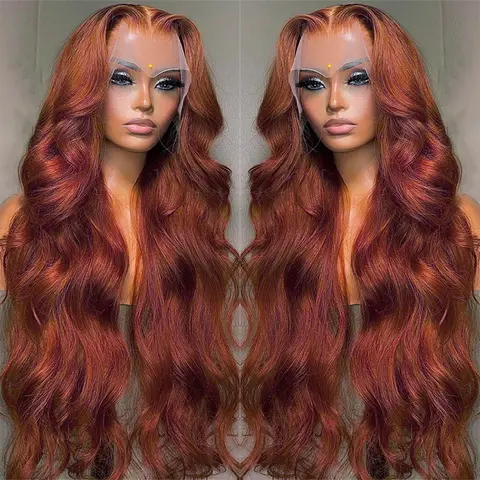Bling Hair Dark Ginger Reddish Brown Body Wave 13x4 13x6 Hd Lace Frontal Human Hair Wig Brazilian Wavy Pre Plucked Transparent Lace Color Wig for Black Women with Baby Hair 34inch #SummerVibes