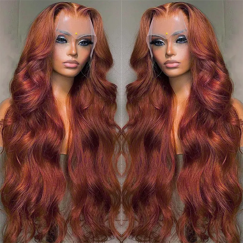 Bling Hair Dark Ginger Reddish Brown Body Wave 13x4 13x6 Hd Lace Frontal Human Hair Wig Brazilian Wavy Pre Plucked Transparent Lace Color Wig for Black Women with Baby Hair 34inch #SummerVibes