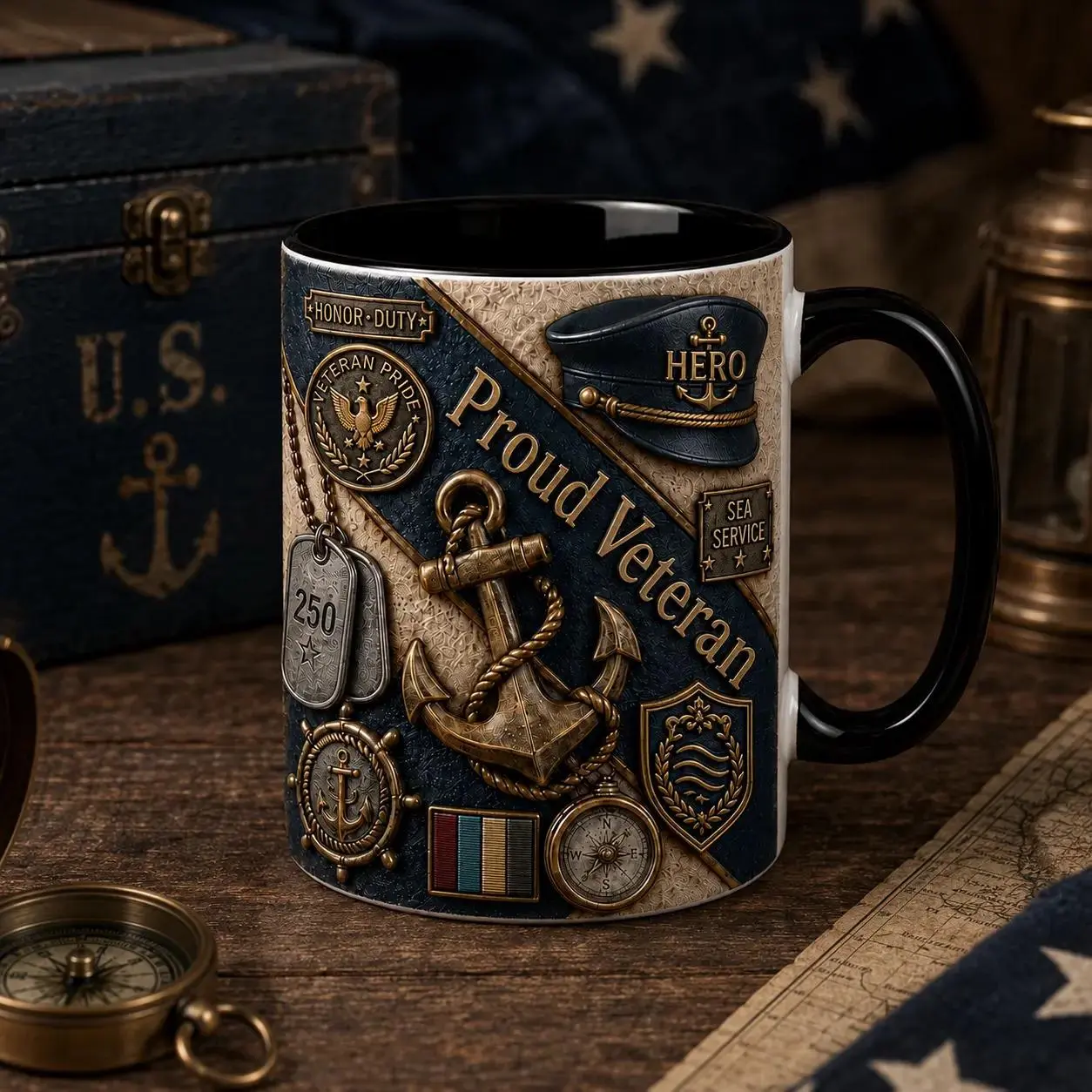 3D Effect Proud Veteran Coffee Mug, Navy Inspired Hero Anchor Design, Honor Duty Sea Service Tribute Gift for Veteran, Ceramic Accent Mug