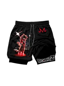 Men's Summer 2-In-1 Anime Demon Slayer Super Soldier Graphic Fitness Shorts, Quick-Dry Sports Training Shorts, Casual Street Running Shorts with Pockets