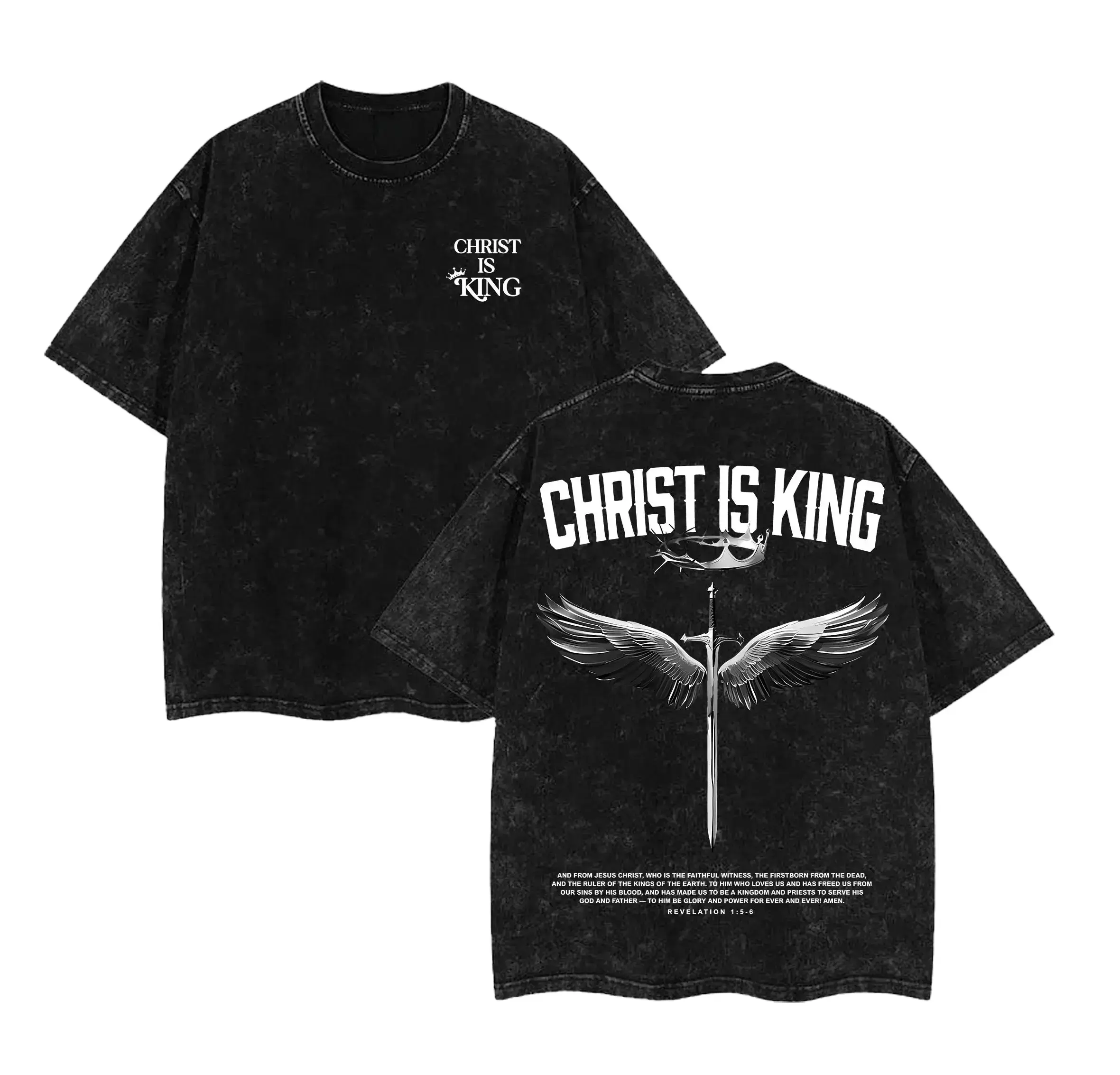 Men's Short-Sleeve "Christ is King" Vintage Wash Graphic Tee - Menswear Oversized Faith Y2K Grunge Christian Streetwear Top Angel Baggy Breathable Cargo Print Wings Tshirt Fabric