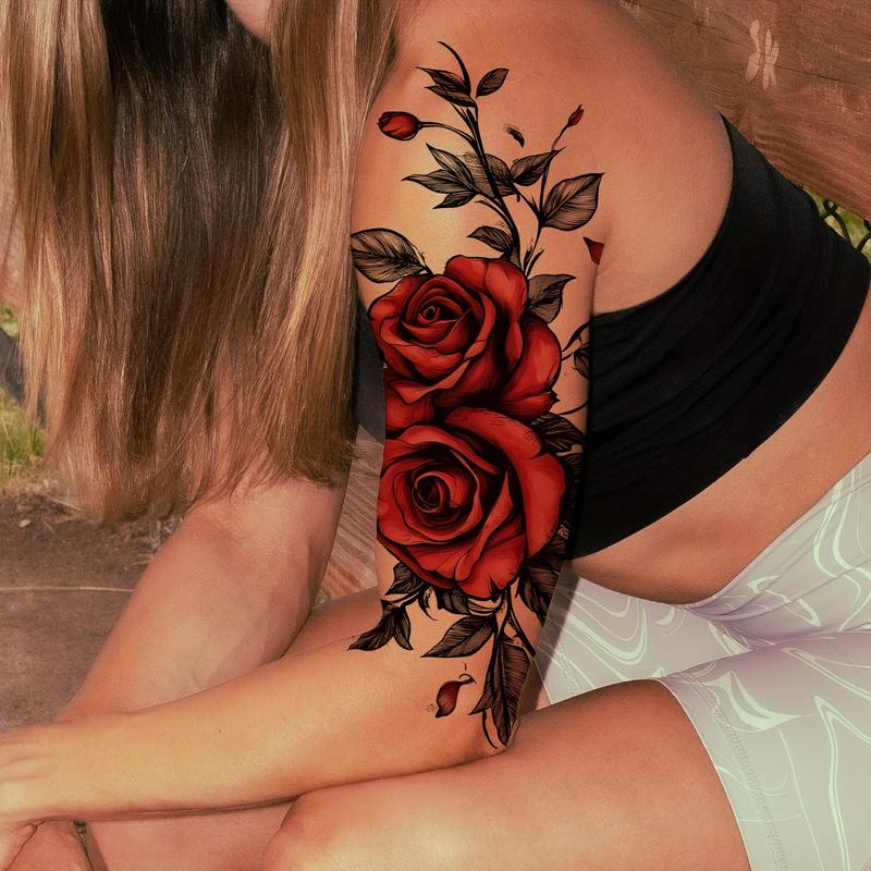 Flowery Rose Floral Temporary Tattoos - 6-Piece Assorted Colors Normal Size, Large Waterproof Ephemeral Stickers for Adults, Romantic Beauty & Personal Care Body Art