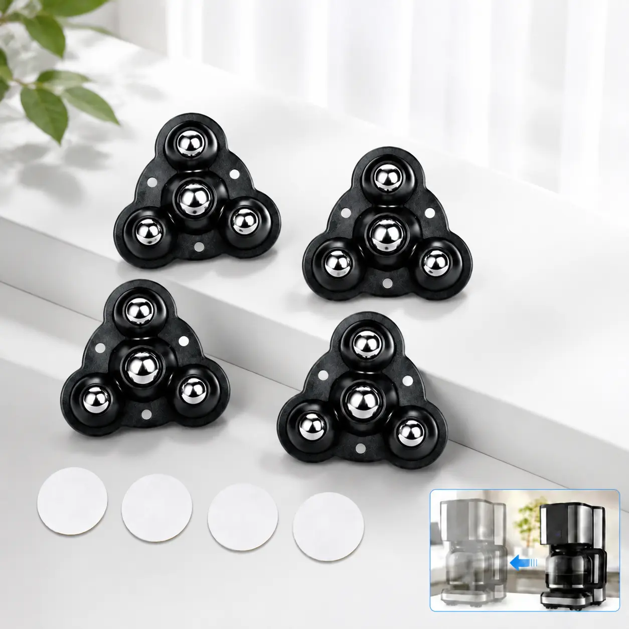 4Pcs Self Adhesive Caster Wheels, Mini Swivel Ball Rollers with Stainless Steel Balls, Stick on Low Profile Wheels for Furniture, Storage Boxes, Kitchen Appliances, Trash Cans, Flower Pots, Home Office and Dorm Use
