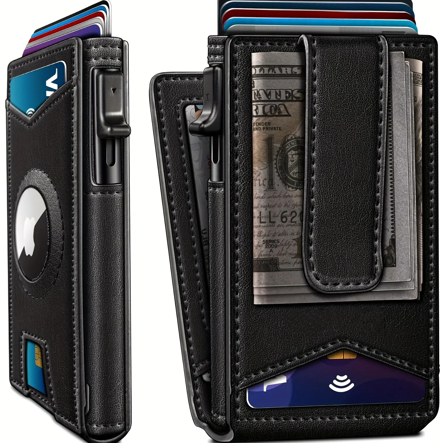 Airtag-Compatible RFID Blocking Mens Wallet - Smart Pop-up Credit Card Slot, Magnetic Flap, Ultra Slim Front Pocket, Anti-Theft Security, Gold Tone Compact Travel Wallet for Birthday Gifting