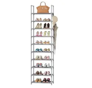 Shoe Rack Organizer, 10 Tier Tall Narrow Shoe Rack for Closet Entryway, Shoe Storage Shelf Holds 20-25 Pairs with Hooks, Gray Wall