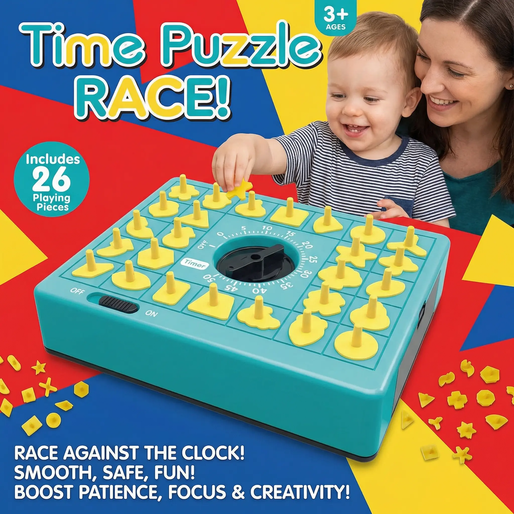 Kids' Fast-Paced Timed Shape Matching Board Game - 2 Players Duel, Single Player Mode, Pop-Up Tray, 26 Pieces, Learning Toy for Boys and Girls Ages 5+, Boosts Patience & Creativity, Birthday Gift