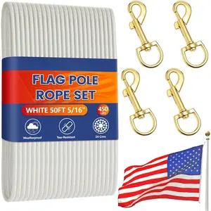 50Ft Flagpole Rope Kit, 5/16" Nylon Halyard with 4 Zinc Alloy Swivel Snap Hook, Heavy Duty and Weather Resistant Replacement FlagPole Accessories for Outdoor Flagpole and Other Utility Use White