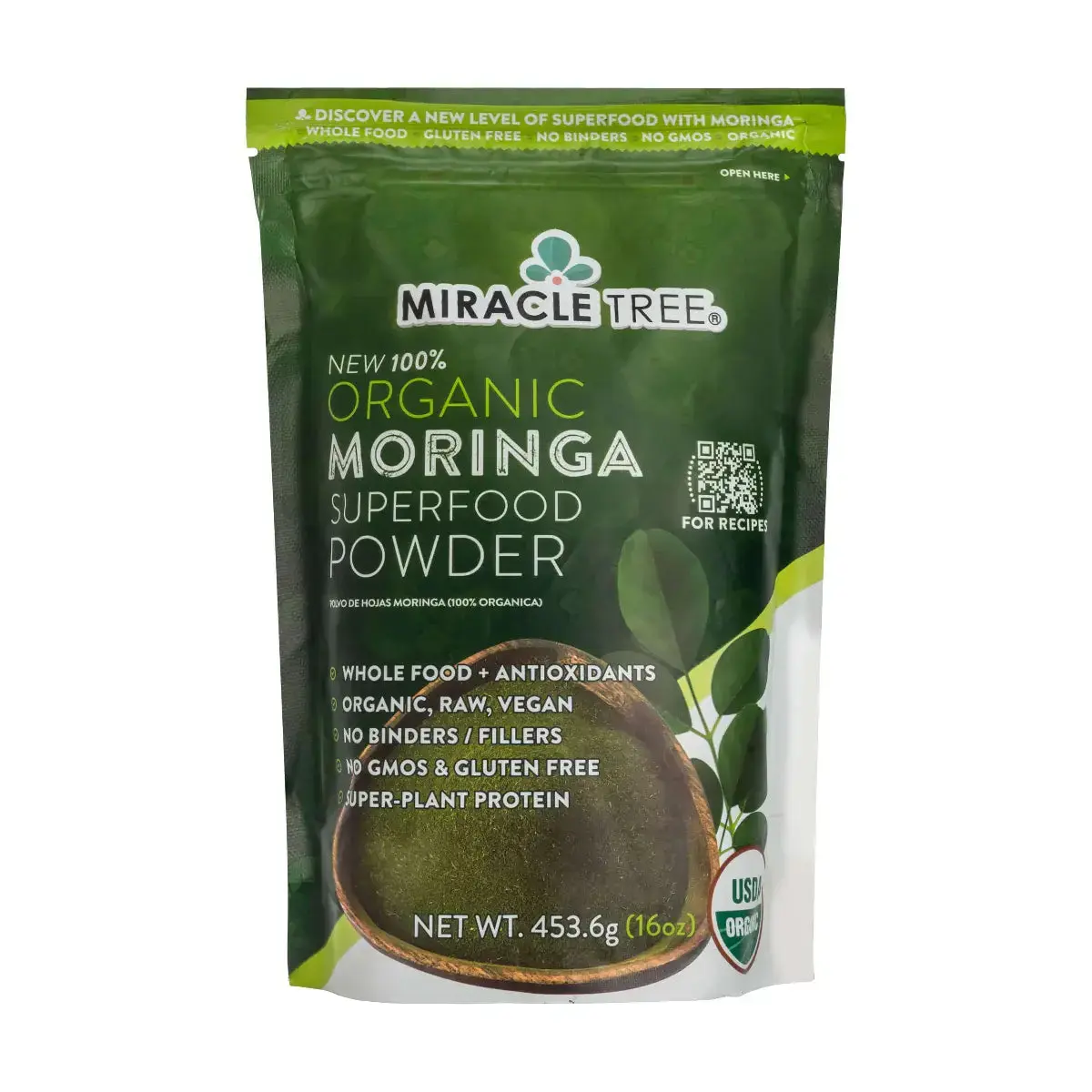 Miracle Tree Organic Moringa Superfood Powder - 16oz Pouch 1 lb USDA Certified Pure Moringa Leaf Powder for Smoothies Juices Soups Baked Goods - Healthcare, Vitamin